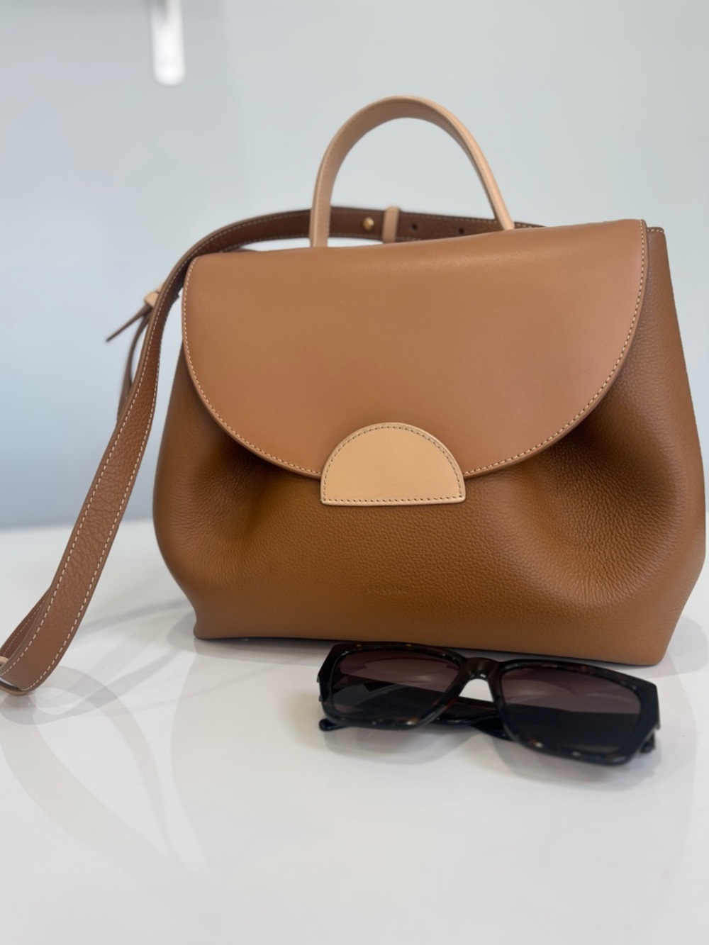 Polène Numéro Un Trio Carmel Structured Leather Bag Tan Top Handle Crossbody EUC - Picture 2 of 11